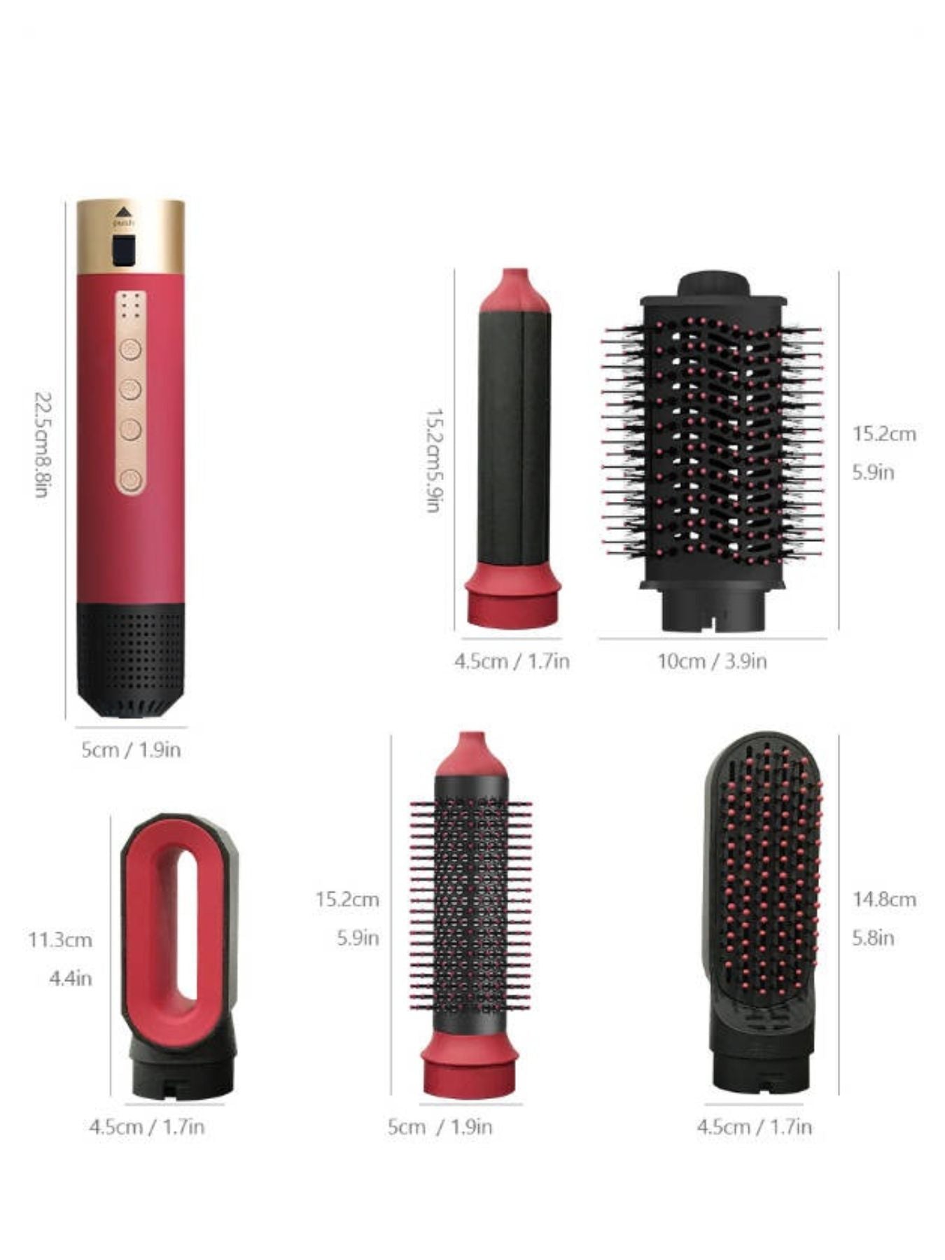 Trendsi 5-in-1 Interchangeable Hot Air Brush in deep red with North American plug, showcasing multiple styling attachments.