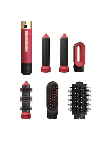 Deep red Trendsi 5-in-1 interchangeable hot air brush with North American plug, showing various styling attachments.