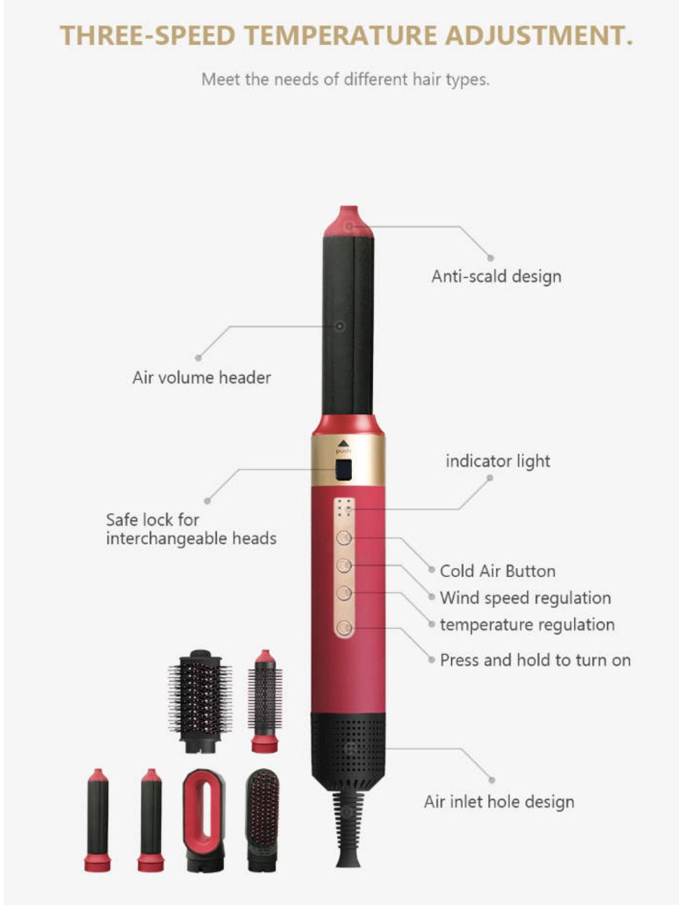 Trendsi 5-in-1 Interchangeable Hot Air Brush in deep red with North American plug, showing multiple brush attachments for styling.