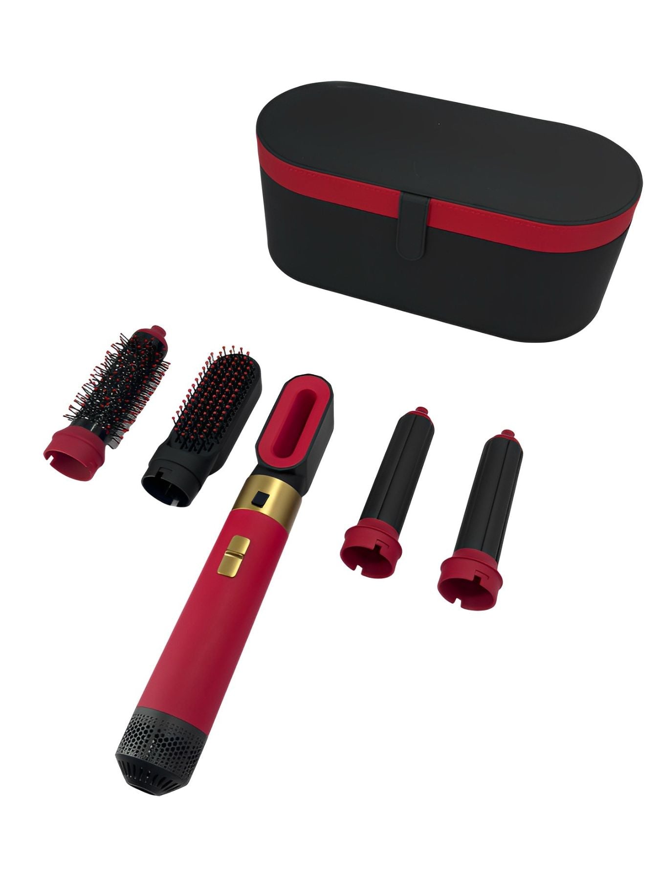Deep red Trendsi 5-in-1 interchangeable hot air brush with North American plug, showing the versatile styling tool and attachments.