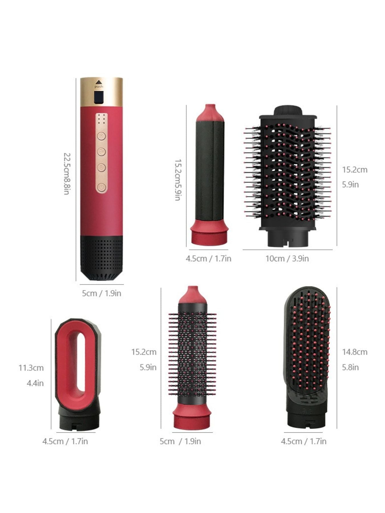 Deep red Trendsi 5-in-1 interchangeable hot air brush with North American plug, showcasing multiple styling attachments.