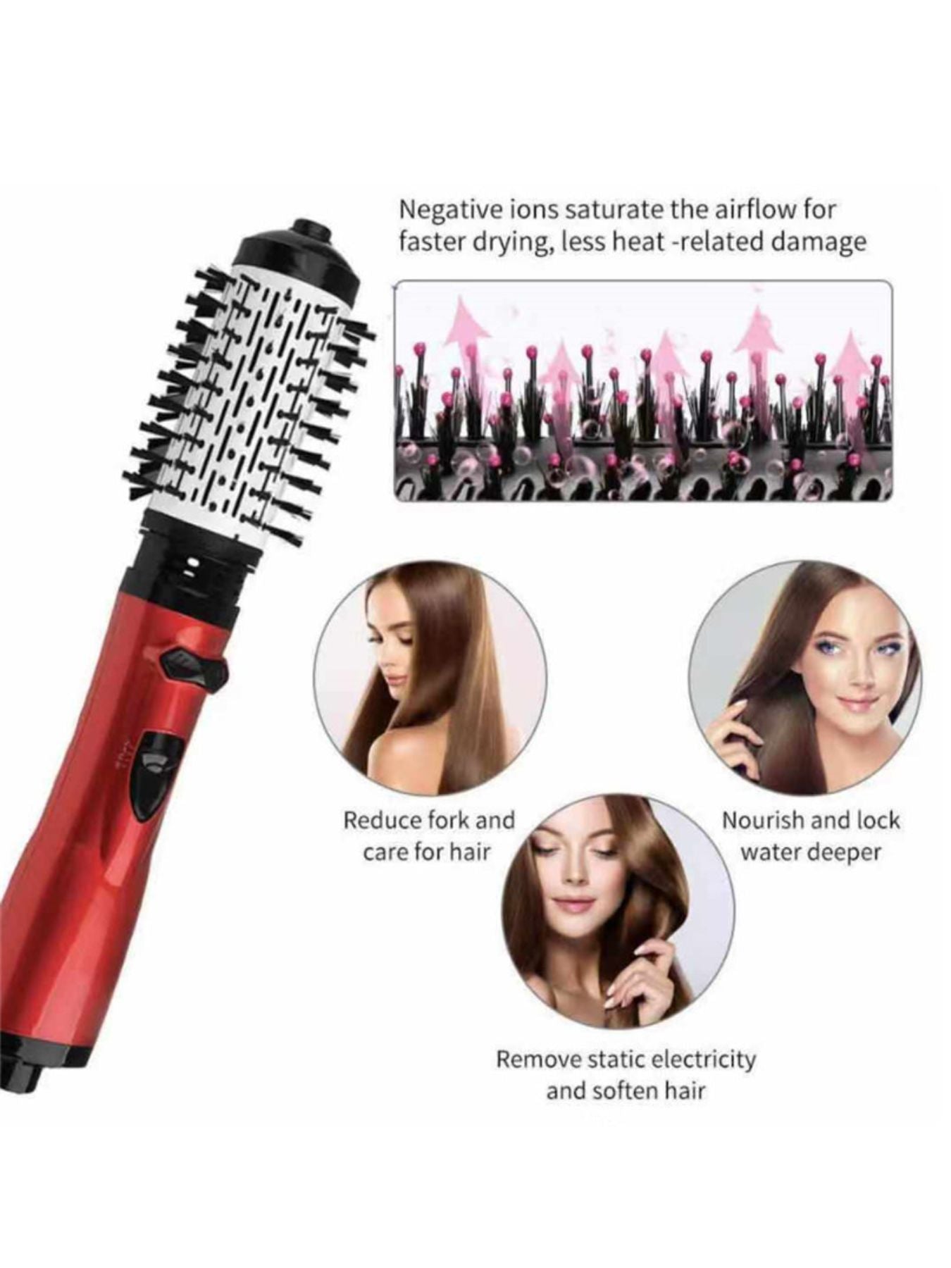 Deep red Trendsi negative ion hot air brush with North American plug, showcasing its ergonomic design and nozzle attachment.