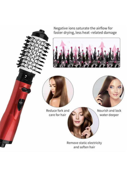 Deep red Trendsi negative ion hot air brush with North American plug, showcasing its ergonomic design and nozzle attachment.