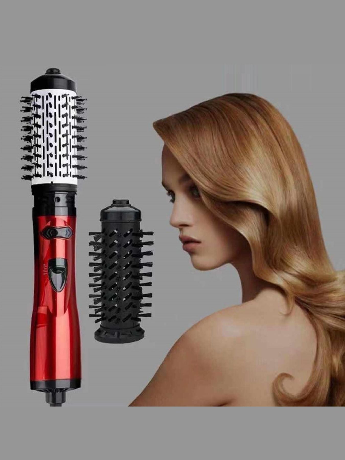 Deep red Trendsi Negative Ion Hot Air Brush with North American plug, showcasing its ergonomic design and bristle styling features.