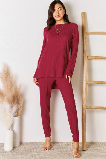 Deep red Trendsi Basic Bae ribbed set with round neck high-low slit top and matching pants, stylish and comfortable.