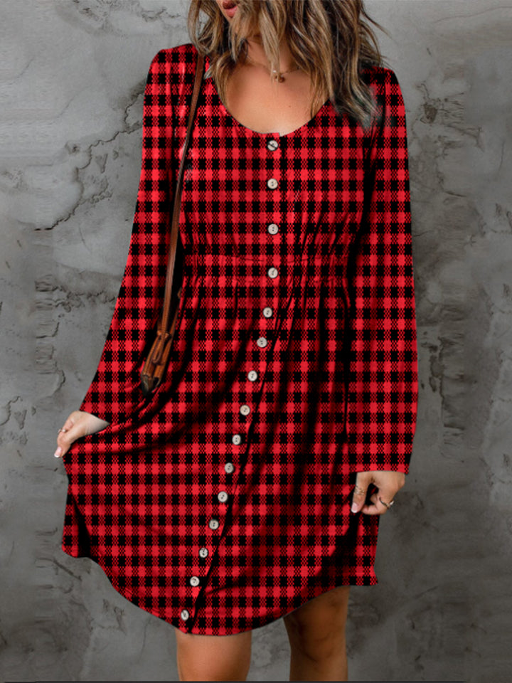 Deep red plaid Magic Dress by Trendsi, full size, round neck, long sleeves, stylish and comfortable for casual wear.