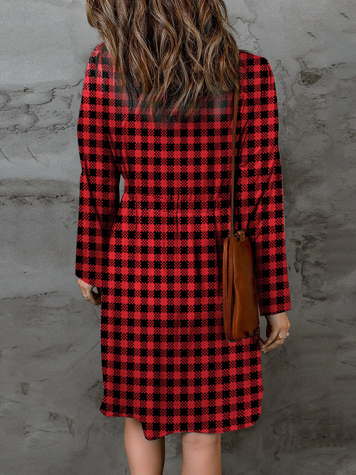 Deep red plaid long sleeve magic dress with round neck, full size, from Trendsi, featuring a stylish, comfortable design for women.