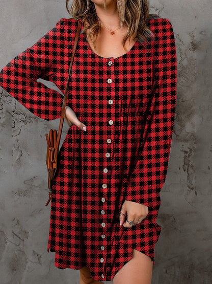 Deep red plaid double take full-size long sleeve magic dress with round neckline by Trendsi, styled for casual or dressy occasions.