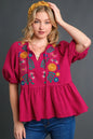 Deep rose plus size Umgee cotton gauze babydoll blouse with floral embroidery, featuring a flowy, relaxed fit and feminine details.