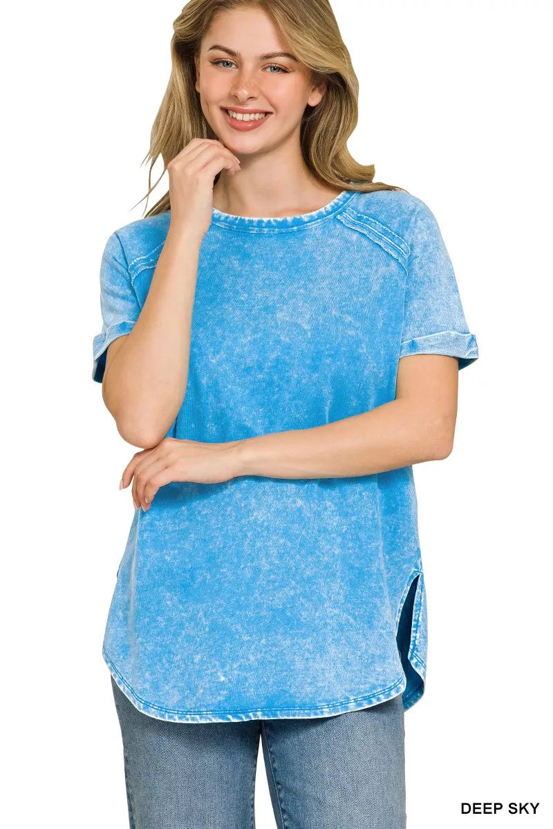 Deep sky Zenana French Terry Washed Curved Hem Top with long sleeves, soft fabric, and relaxed fit.