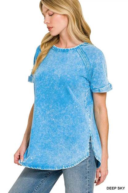 Deep sky blue Zenana French Terry washed curved hem top with relaxed fit, featuring a rounded hem and soft fabric.