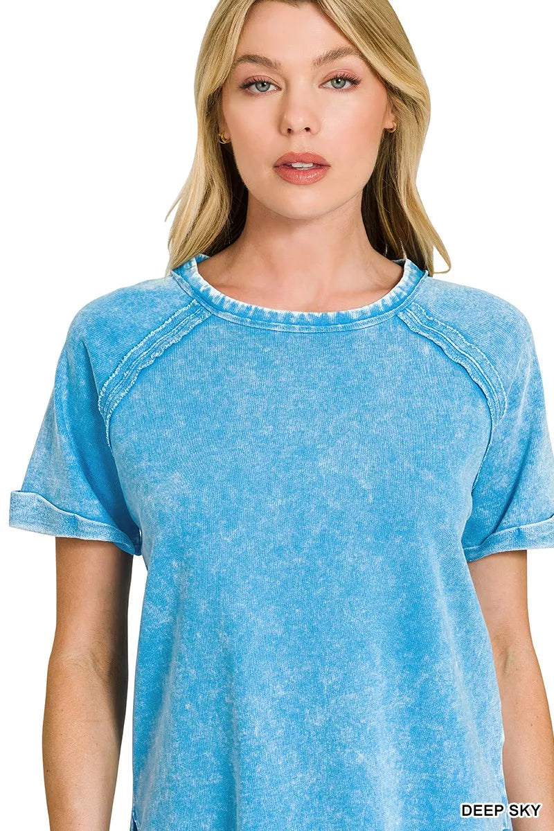 Deep sky blue Zenana French Terry Washed Curved Hem Top with relaxed fit and casual style, perfect for everyday wear.