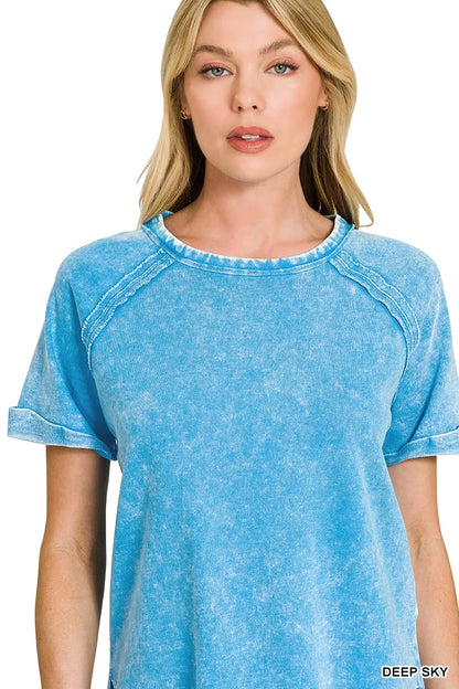 Deep sky blue Zenana French Terry Washed Curved Hem Top with relaxed fit and casual style, perfect for everyday wear.