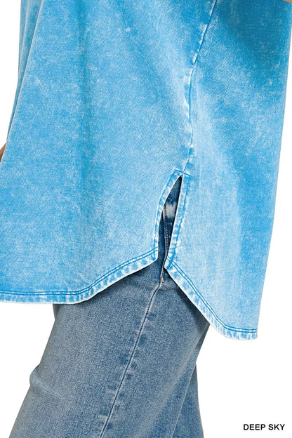 Deep sky blue Zenana French Terry washed curved hem top with long sleeves and relaxed fit, casual and comfortable for everyday wear.