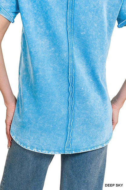 Deep sky blue Zenana French Terry washed curved hem top, casual women's long sleeve with relaxed fit and stylish design.