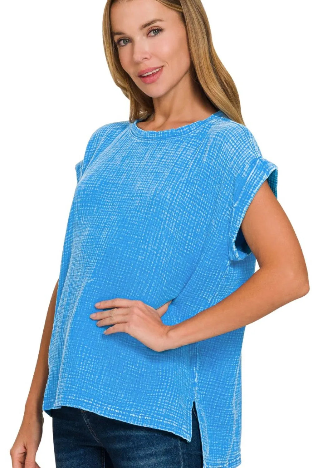 Deep sky blue Zenana woven double gauze short sleeve top with acid wash finish, casual and breathable for warm weather.