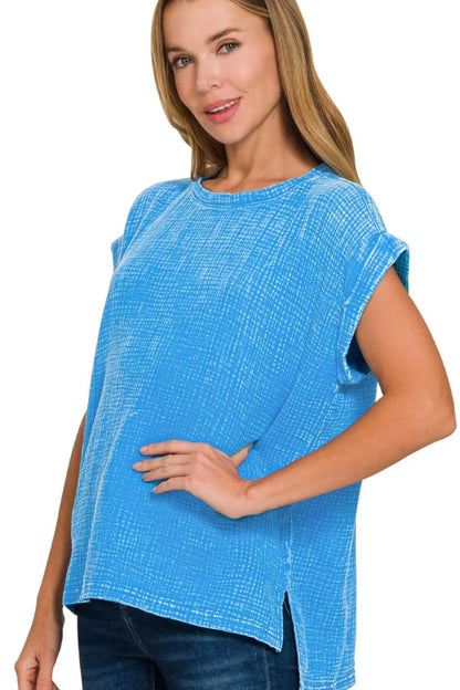 Deep sky blue Zenana woven double gauze short sleeve top with acid wash finish, casual and breathable for warm weather.