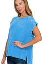 Deep sky blue Zenana woven double gauze short sleeve top with acid wash finish, casual and breathable for warm weather.