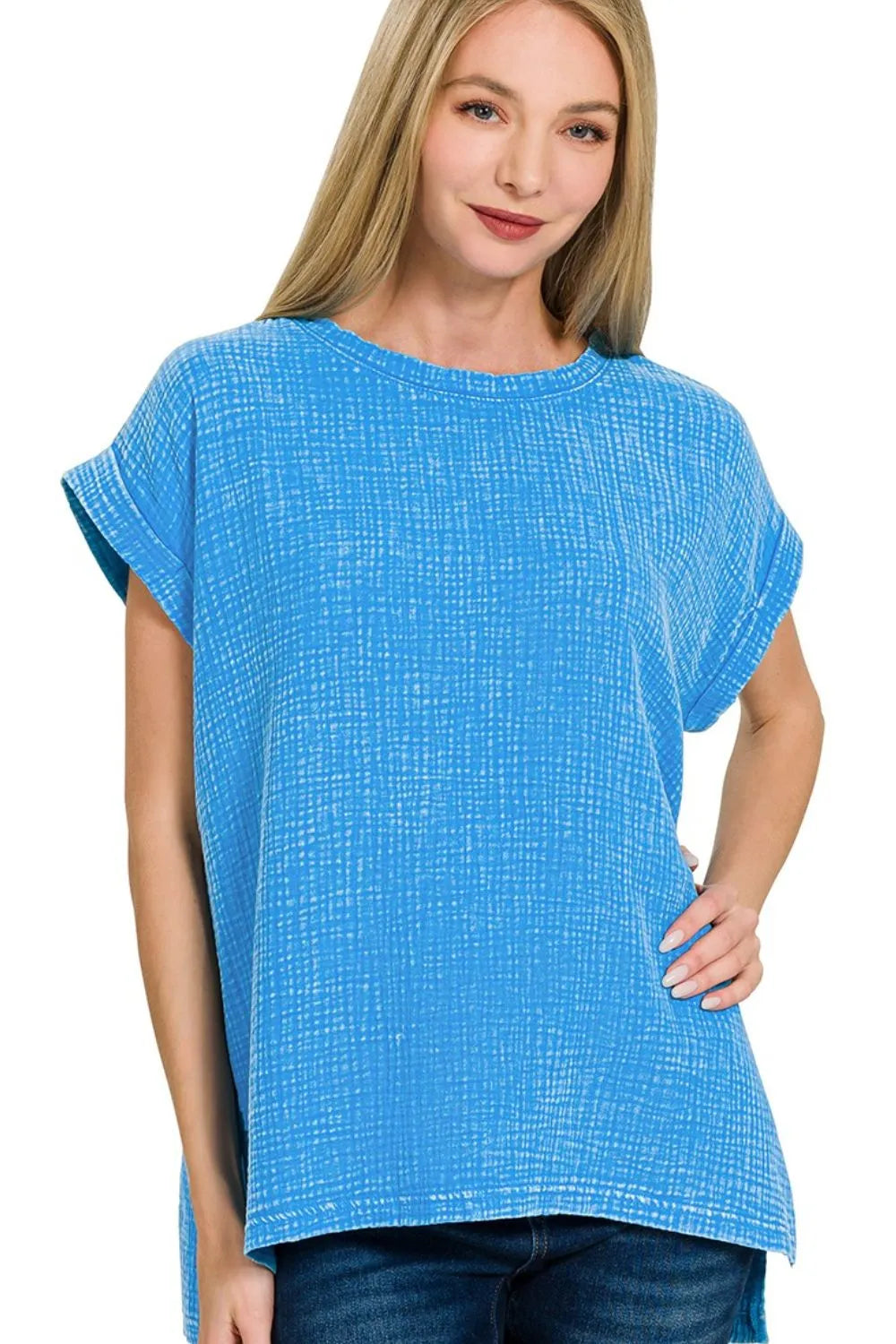 Zenana woven double gauze acid washed short sleeve top in deep sky, lightweight and casual for comfortable summer wear.