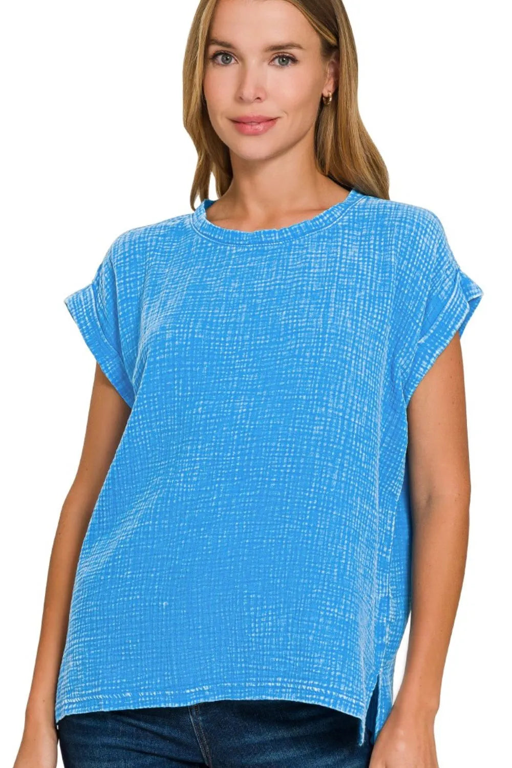 Deep sky Zenana woven double gauze acid washed short sleeve top with a relaxed fit and casual style.