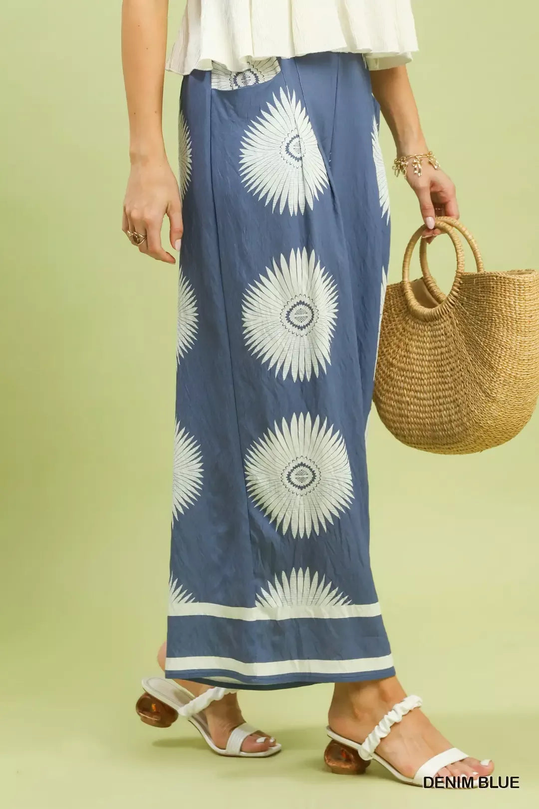 Blue wide-leg pants with abstract border print by Umgee, featuring a relaxed fit and stylish design.