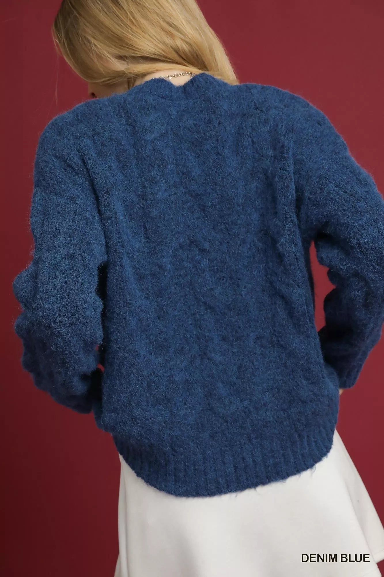 Trendsi Umgee cable knit cozy sweater in denim blue, featuring a classic knit pattern and comfortable fit.