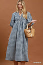 Denim blue Umgee puff sleeve plaid midi dress with a fitted waist and flared skirt, featuring a stylish, casual design.