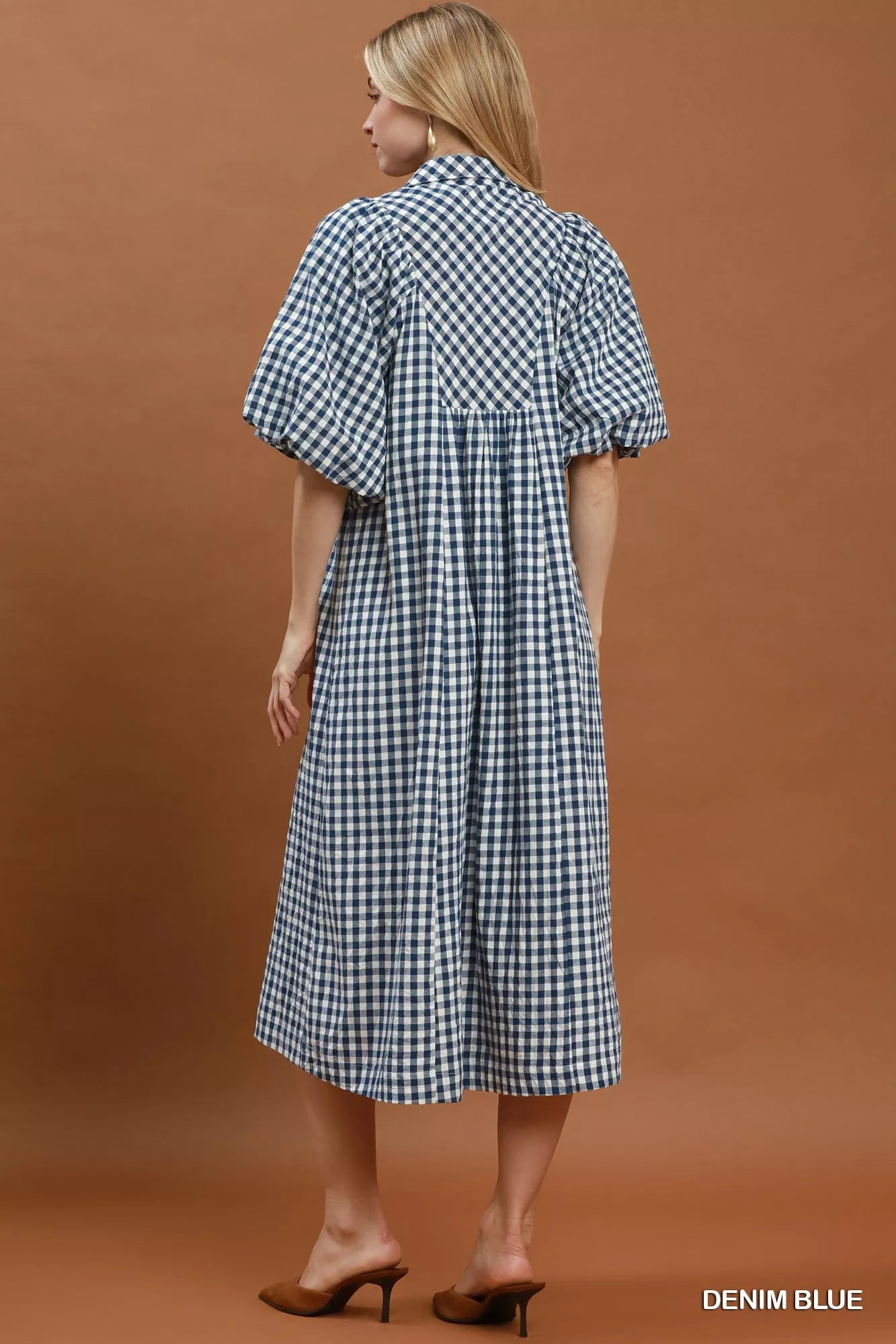 Denim blue Umgee puff sleeve plaid midi dress featuring a fitted waist and classic plaid pattern, perfect for casual or semi-formal wear.