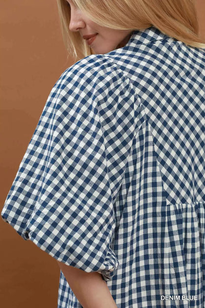 Blue plaid midi dress with puff sleeves from Umgee, featuring a stylish, relaxed fit and classic design.