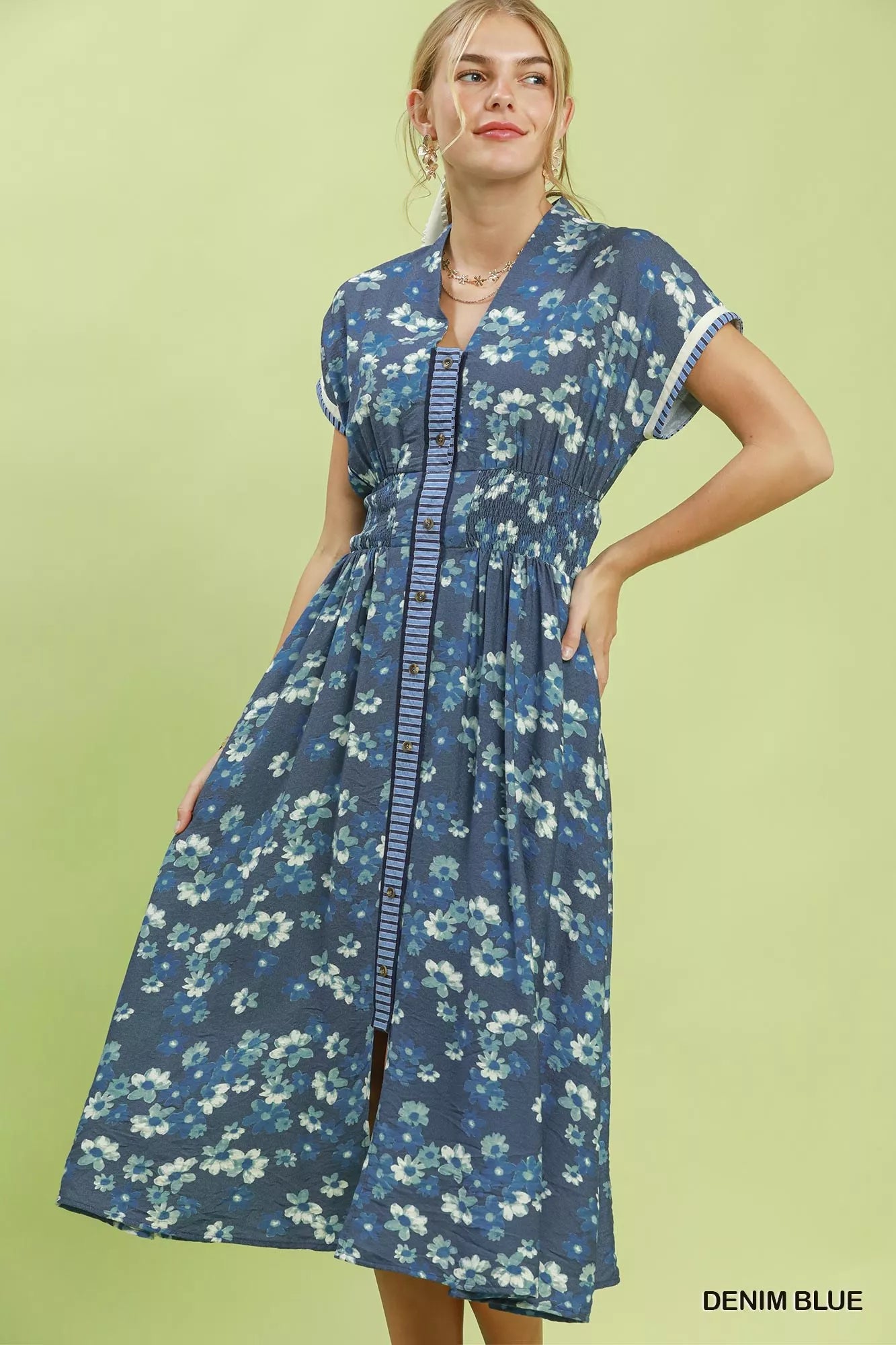 Denim blue Umgee Ruffle Sleeve Henley Shift Dress with ruffled short sleeves and a relaxed fit, styled on a mannequin.