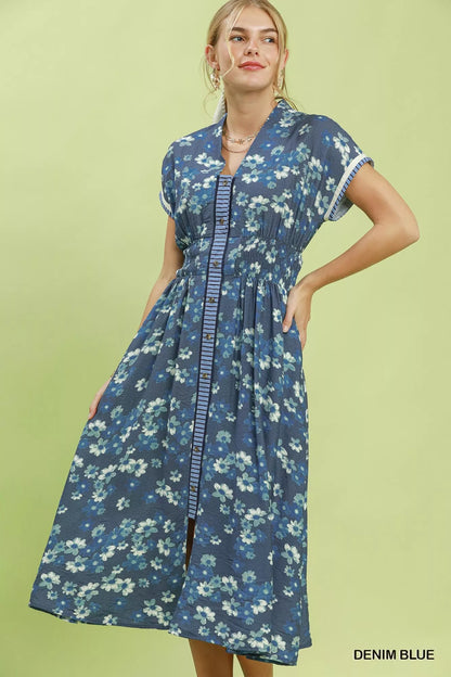 Denim blue Umgee Ruffle Sleeve Henley Shift Dress with ruffled short sleeves and a relaxed fit, styled on a mannequin.