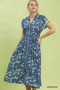 Denim blue Umgee Ruffle Sleeve Henley Shift Dress with ruffled short sleeves and a relaxed fit, styled on a mannequin.