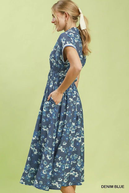 Denim blue Umgee ruffle sleeve henley shift dress with relaxed fit and button detail, stylish casual dress for women.