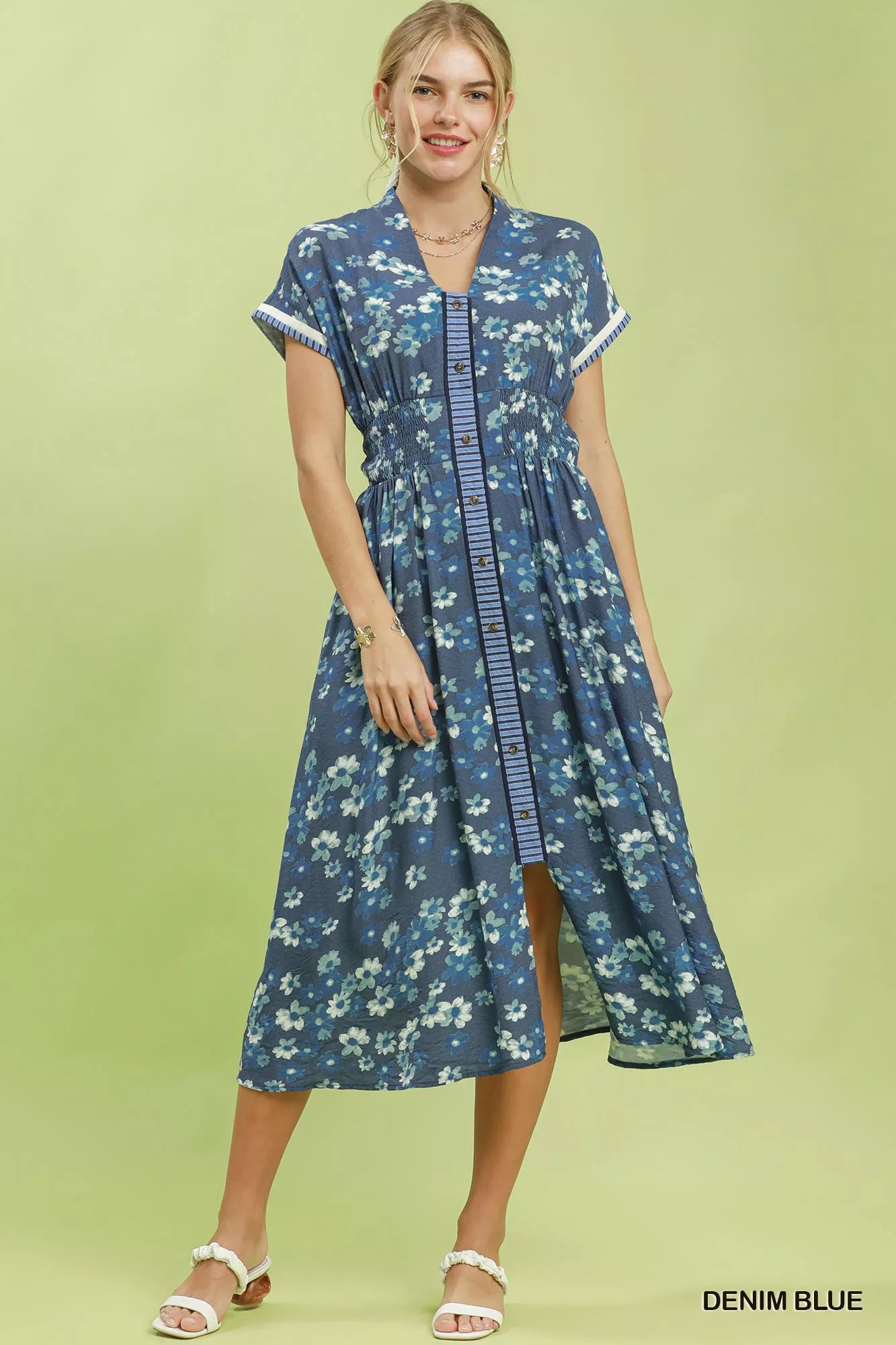 Denim blue Umgee ruffle sleeve henley shift dress with a relaxed fit, stylish neckline, and casual chic design.