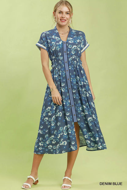 Denim blue Umgee ruffle sleeve henley shift dress with a relaxed fit, stylish neckline, and casual chic design.