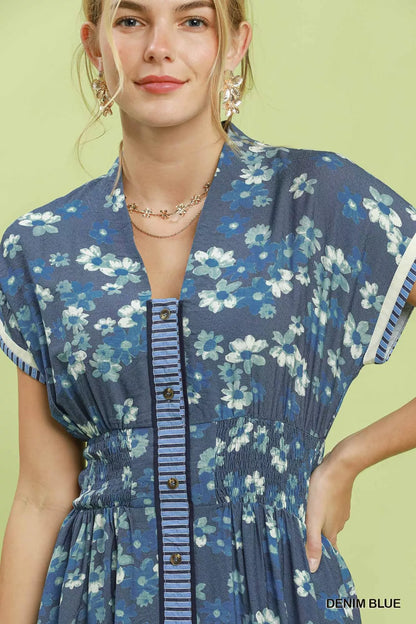 Denim blue Umgee ruffle sleeve henley shift dress with a relaxed fit and button front, perfect for casual wear.