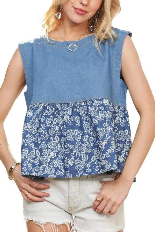 Sleeveless denim contrast top from ADORA by Trendsi, featuring a stylish fit and classic blue denim fabric.