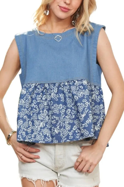 Sleeveless denim contrast top from ADORA by Trendsi, featuring a stylish fit and classic blue denim fabric.
