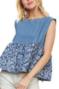 Sleeveless denim contrast top by ADORA from Trendsi, featuring a stylish denim design with contrast stitching and a modern fit.