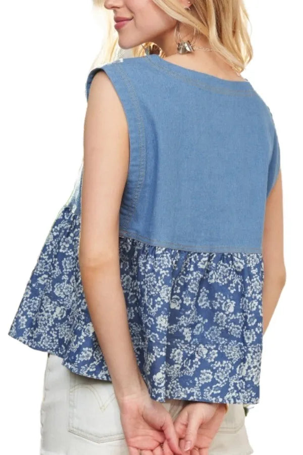 Sleeveless denim contrast top from ADORA by Trendsi, featuring a stylish fit and dark wash with contrast stitching.