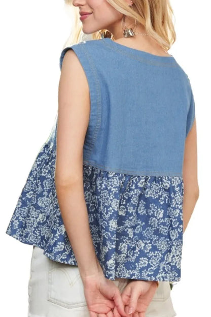 Sleeveless denim contrast top from ADORA by Trendsi, featuring a stylish fit and dark wash with contrast stitching.