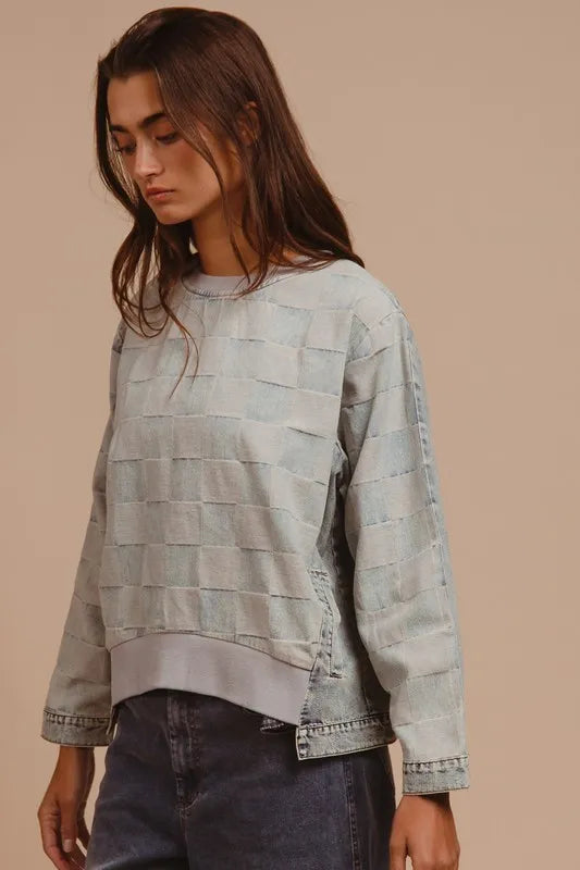 BiBi Mineral Washed Checkered Round Neck Denim Top by Trendsi, casual style with a checkered pattern and denim fabric.