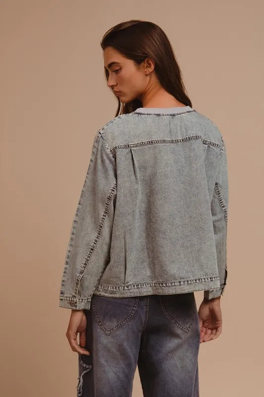 BiBi Mineral Washed Checkered Round Neck Denim Top by Trendsi, featuring a casual denim shirt with a checkered pattern and round neckline.