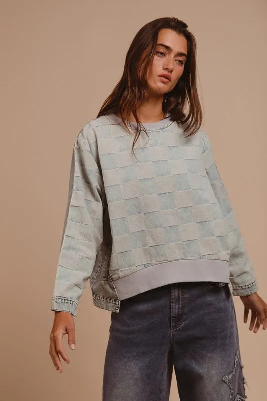 Trendsi BiBi mineral washed checkered round neck denim top, casual style with long sleeves and button front detail.