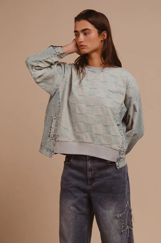 Mineral washed checkered round neck denim top by Trendsi, featuring a casual fit and classic pattern, shown on a model.
