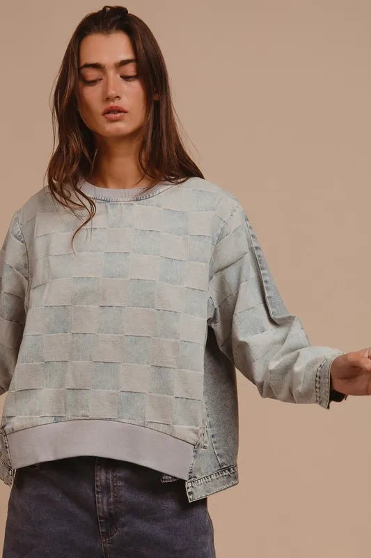 BiBi Mineral Washed Checkered Round Neck Denim Top by Trendsi, casual blue denim shirt with checkered pattern and long sleeves.