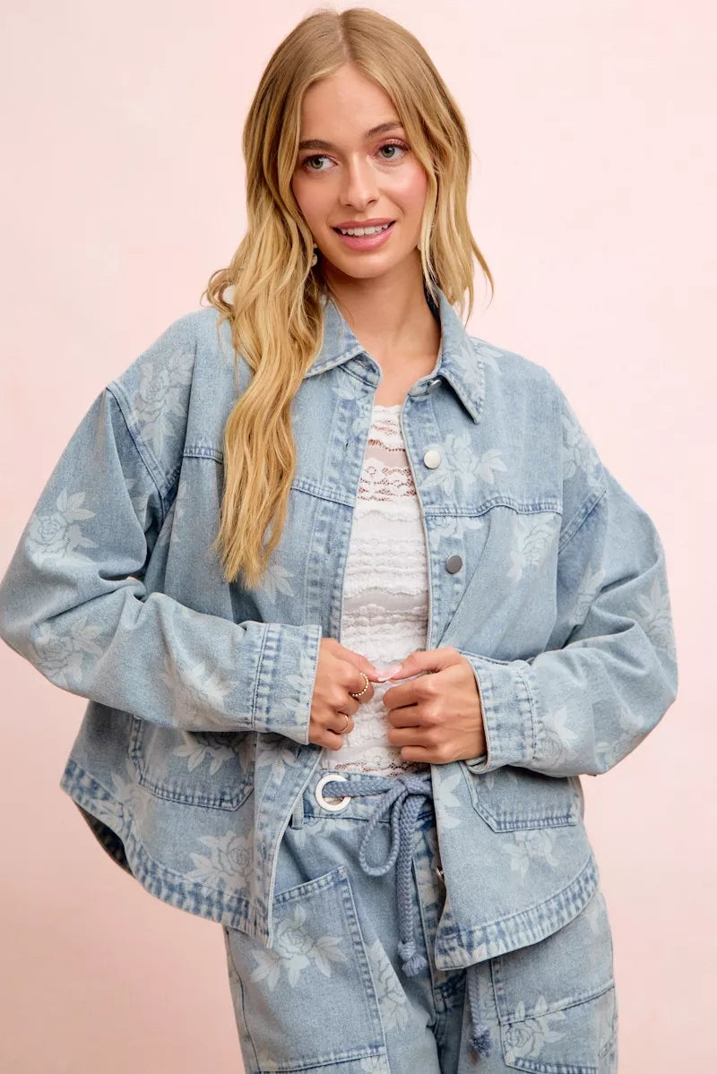 Trendsi BiBi printed washed denim jacket with front pocket, stylish casual jacket with unique print and classic denim design.