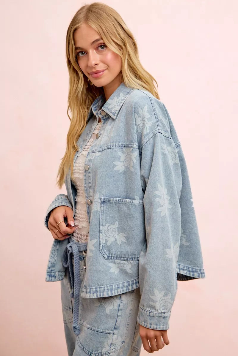 Trendsi BiBi printed washed denim jacket with front pocket, stylish casual jacket with unique print and classic denim texture.
