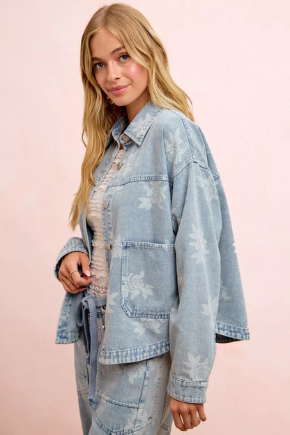 Trendsi BiBi printed washed denim jacket with front pocket, stylish casual jacket with unique print and classic denim texture.