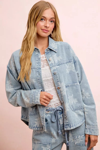 Trendsi BiBi printed washed denim jacket with front pocket, stylish casual women’s denim jacket with unique print design